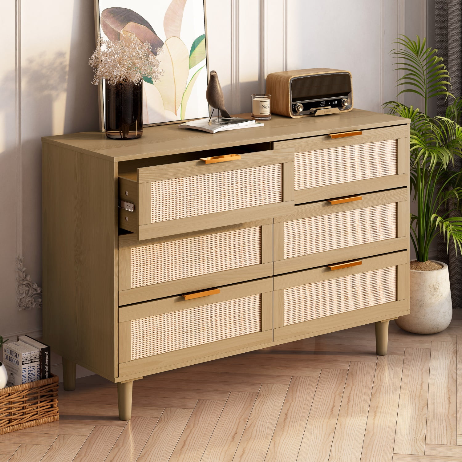 Kadyn Chest of Drawers, 6 Drawers Rattan Dresser for Bedroom with Gold Handle, Oak Nursery Dresser Kadyn Chest of Drawers, 6 Drawers Rattan Dresser for Bedroom with Gold Handle, Oak Nursery Dresser