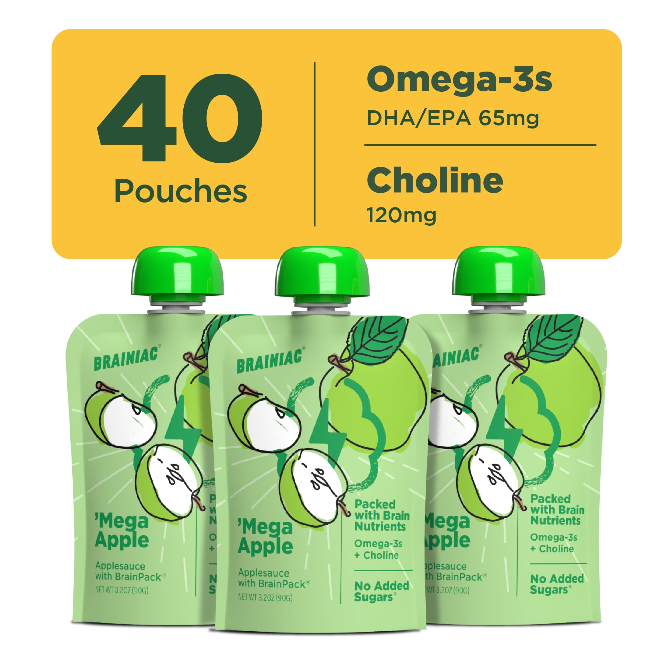Brainiac Omega-3 Applesauce, Apple, No Sugar Added, 3.2 oz, 40 Ct