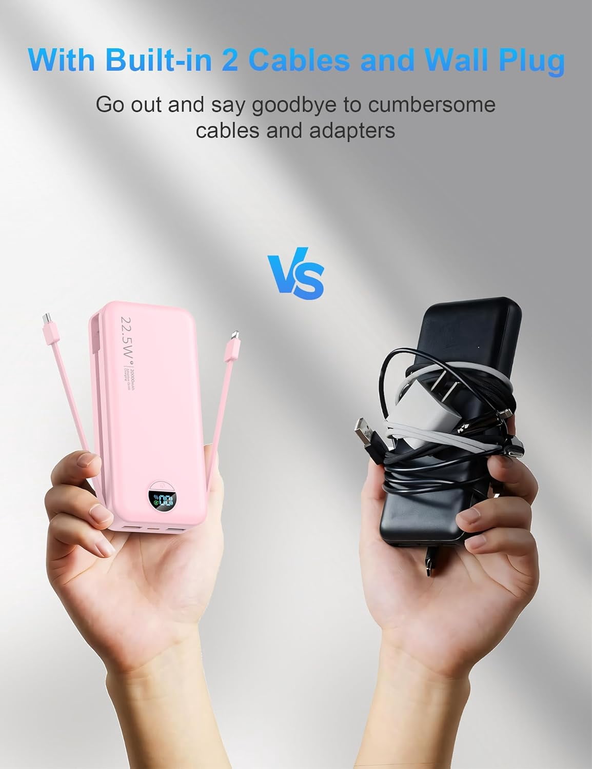 Portable Charger with Wall Plug, 20000mAh USB C Fast Charging, External Battery Pack with Built in Cables, Digital Display, 5 Output 2 Input for iPhone Android Cell Phone Tablet