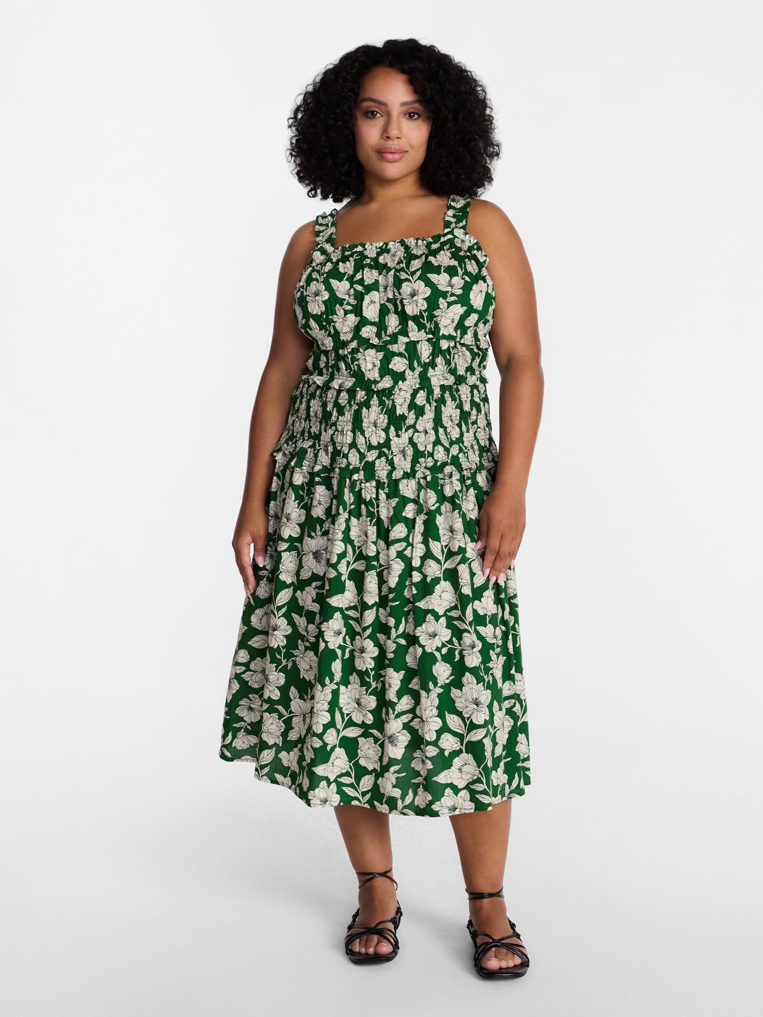 Time and Tru Women's Sleeveless Smocked Peasant Midi Dress, Sizes XS-4X