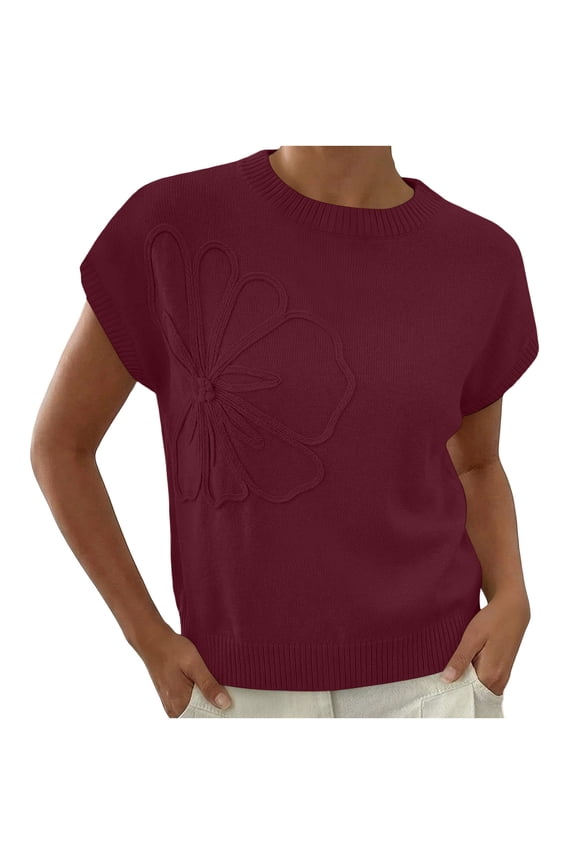 Womens Short Sleeve Sweater Trendy Floral Pullover Sweaters Summer Casual Crewneck Lightweight Knit Tops