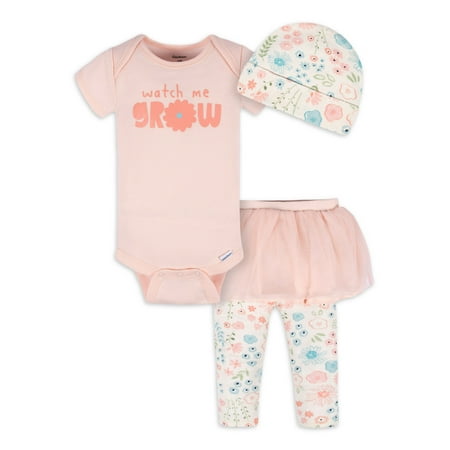 

Gerber Baby Girl Bodysuit Cap and Tutu Leggings Outfit Set 3-Piece Newborn-3/6M