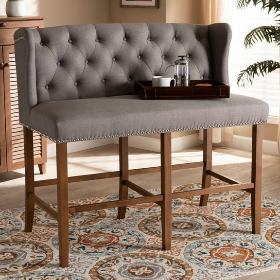 Baxton Studio Alira Modern and Contemporary Grey Fabric Upholstered Walnut Finished Wood Button Tufted Bar Stool Bench