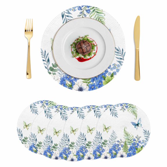 Watercolor Foral Round 15 Inch Placemats Set of 6, Spring Flowers Butterflies Leaves Plants HeatResistant Non Slip Place Mats for Dining Table, Wipeable Braided Kitchen Table Mats for Housewarming