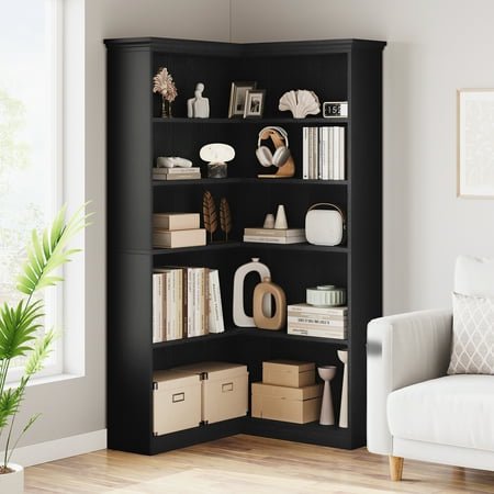 L Shaped Corner Bookshelf 5 Tier Large Wood Display Bookshelf 90掳 Corner Standing Bookcase