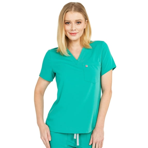 Mediclo Women's Medical Scrub Top - Sal Essential Eco Friendly Sustainable FYSEL Fabric V-Neck Chest Pocket Shirt Workwear Surgical Green FT3085RSGR02 XS