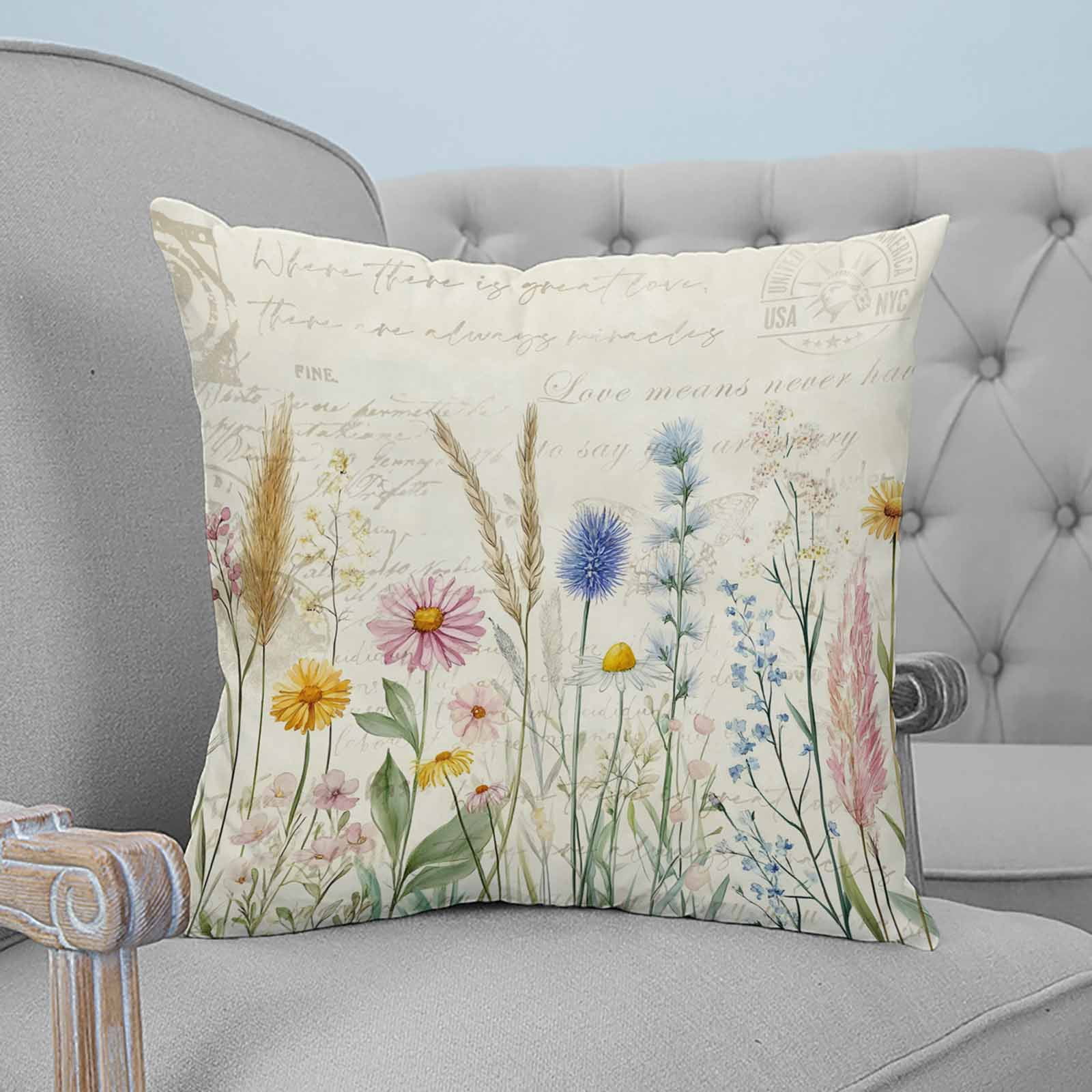 Spring Floral 24x24 Pillow Covers Set of 2, Summer Farmhouse Vintage Botanical Throw Pillow Covers Decorative Couch Cushion Case, Microfiber Square Pillowcases for Bedroom Car Living Room