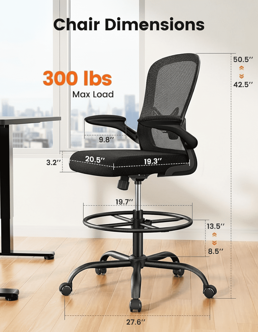 Kyspho Tall Drafting Chair with Flip-Up Armrests, Adjustable Foot Ring, Ergonomic High Office Chair with Lumbar Support, Height-Adjustable Standing Desk Chair