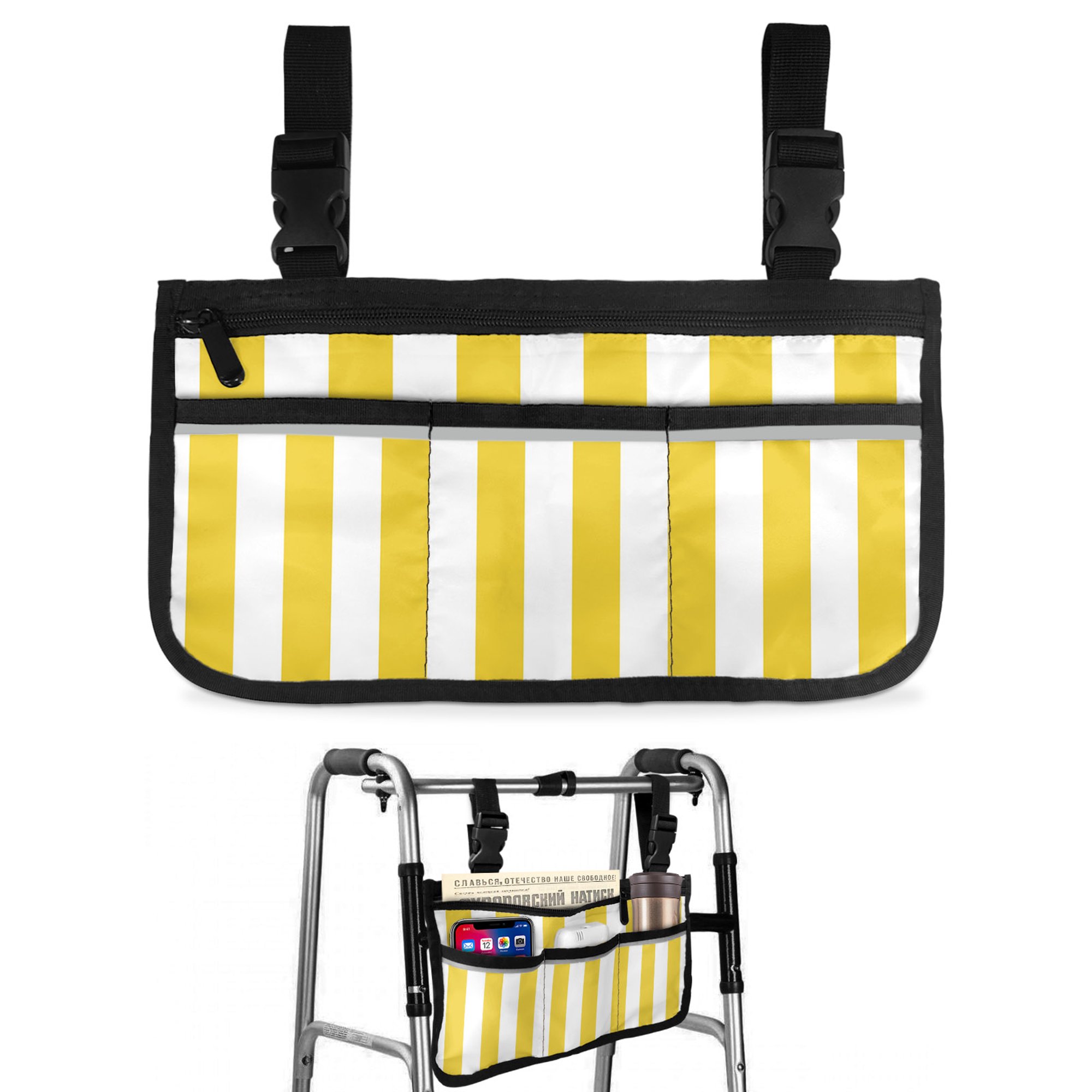 Vertical Stripe Wheelchair Side Bag with Cup Holder, Minimalist Modern Yellow Parallel Colored Line Wheelchair Armrest Bag Storage Pouch Adults, Seniors for Walkers, Rollator, Scooter