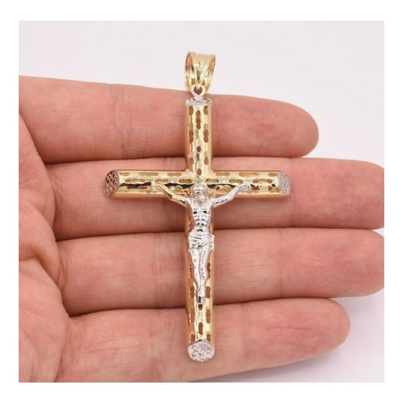 3.25" Filigree Jesus Crucifix Cross Pendant Unisex Adult 10K Yellow White Gold 5.35 Gr, Goldum NYC