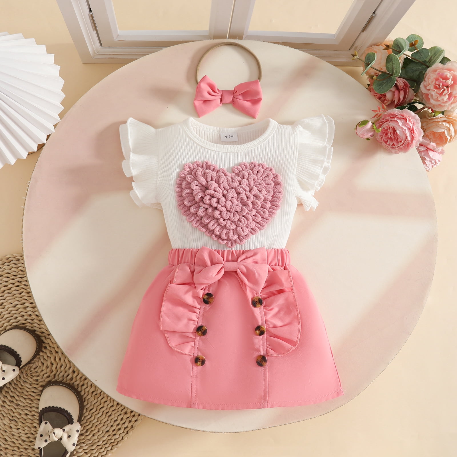 Faraee Toddler Baby Girl Skirts Outfit Infant Summer Clothes Ruffle Sleeveless Knit Vest Top A-Line Skirt Set with Headband (9-12M,Pink)