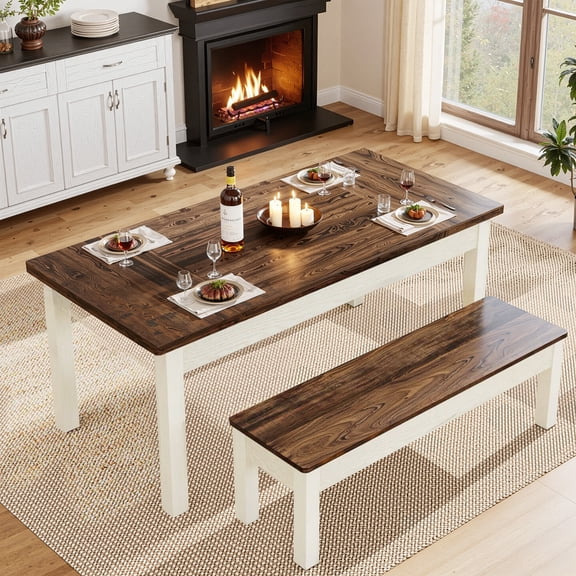 MAYEERTY 55 Inch Farmhouse Dining Table Set, 1 Table 2 Sliding Benches, Space-Saving Engineered Wood for Small Areas