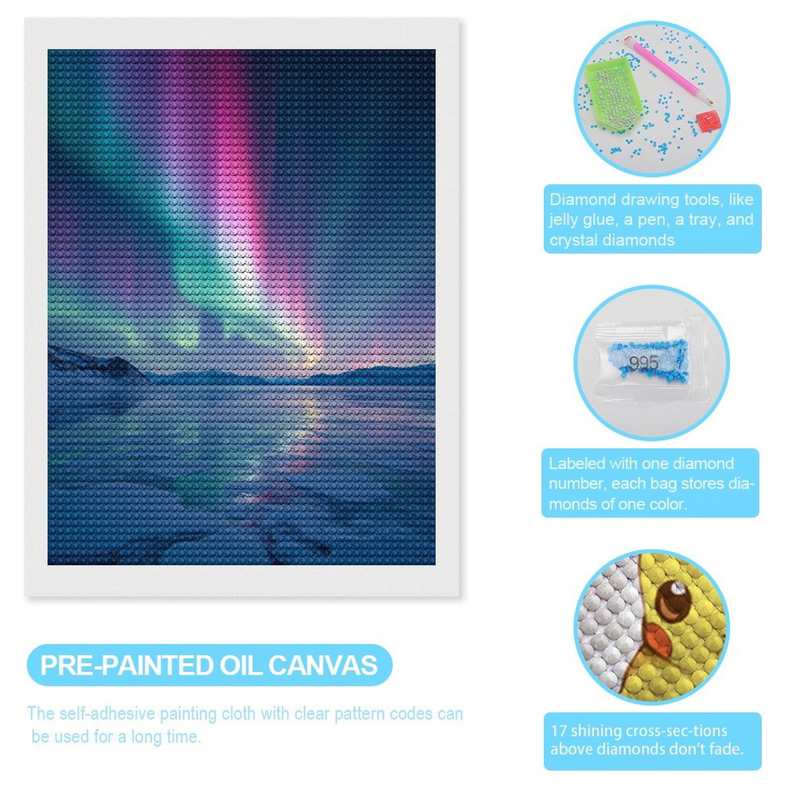 Diamond Art Kits for Adults, Aurora Borealis Over Frozen Landscape 5D Diamond Painting Kits for Adults Beginners, DIY Full Drill Diamond Painting, Gem Art and Crafts 12x16