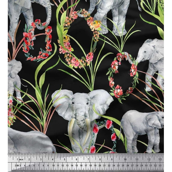 Soimoi Cotton Duck Fabric Leaves,Floral Wreath & Elephant Jungle Print Fabric by Yard 42 Inch Wide