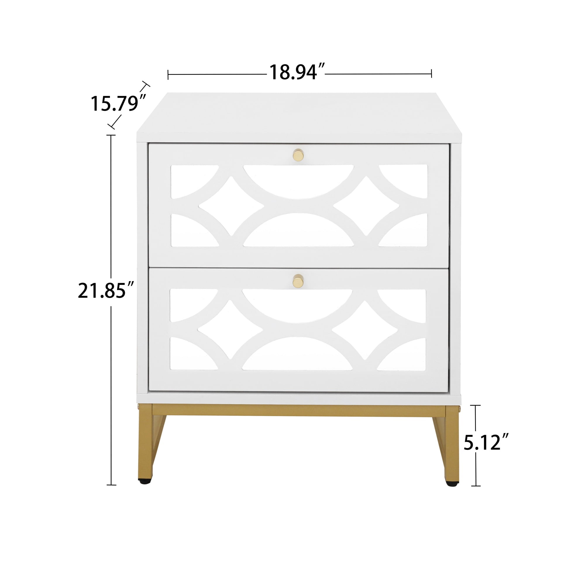Kadyn Nightstand with 2 Drawer, White Mirrored Bedside Table with Gold Legs for Bedroom, Side Table Kadyn Nightstand with 2 Drawer, White Mirrored Bedside Table with Gold Legs for Bedroom, Side Table