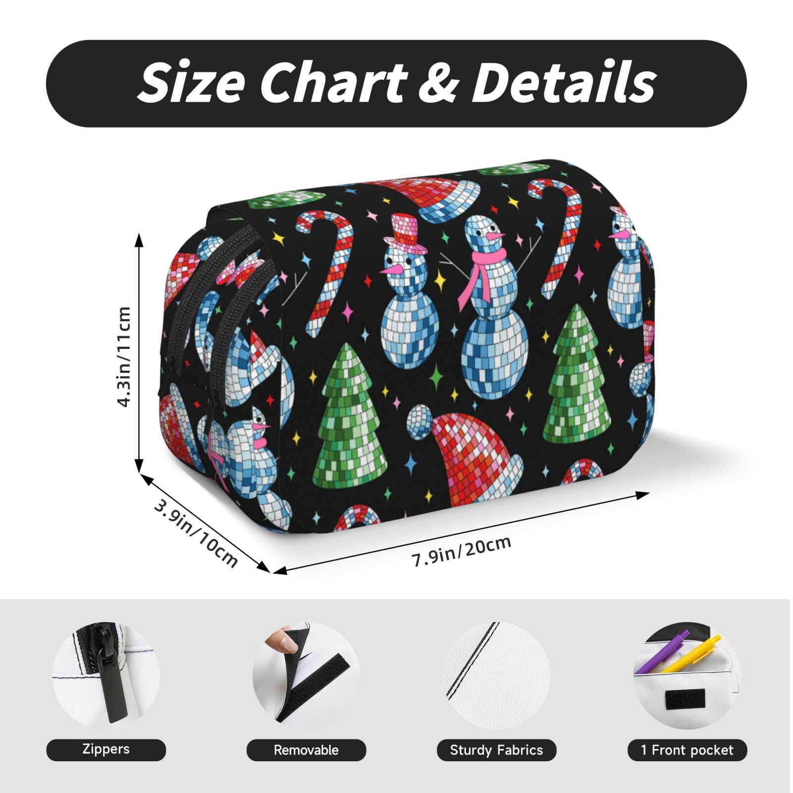 Rateoe Disco Mirror Ball Snowman Pattern Double Clamshell Pen Case, Storage Organizer with Two Zipper Compartments– Holds Up to 50 Pencils & Pens