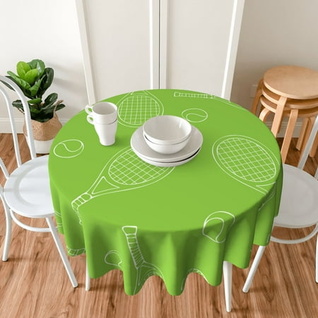TEQUAN 60" Round Tablecloth, Cartoon FashionTennis Sports Pattern Washable Polyester Table Cloth, Waterproof Wrinkle Resistant Decorative Table Cover