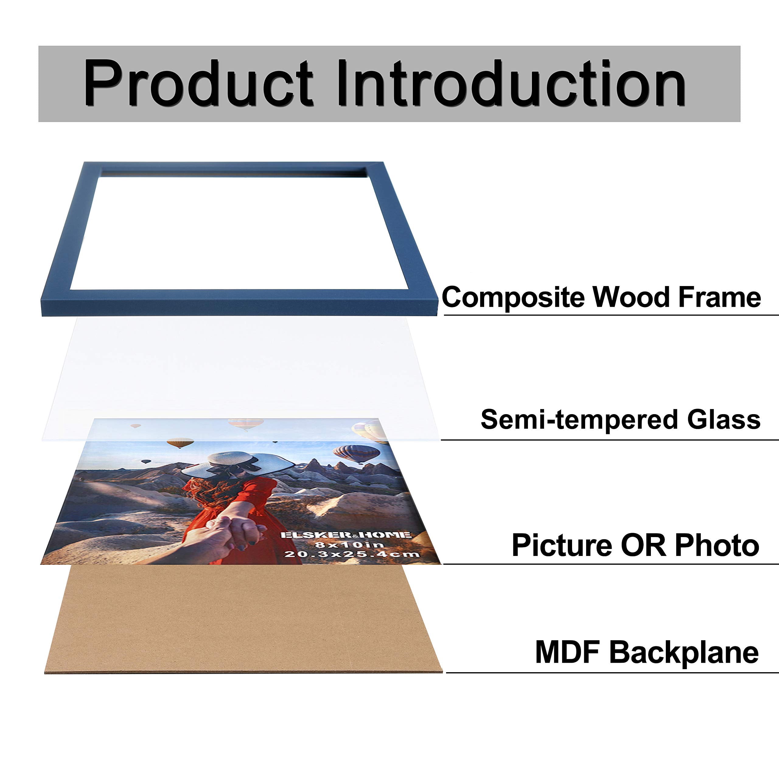 ELSKER&HOME 8x10 Picture Frame 6 Pack - Navy Blue Sturdy Wood Composite Photo Frame