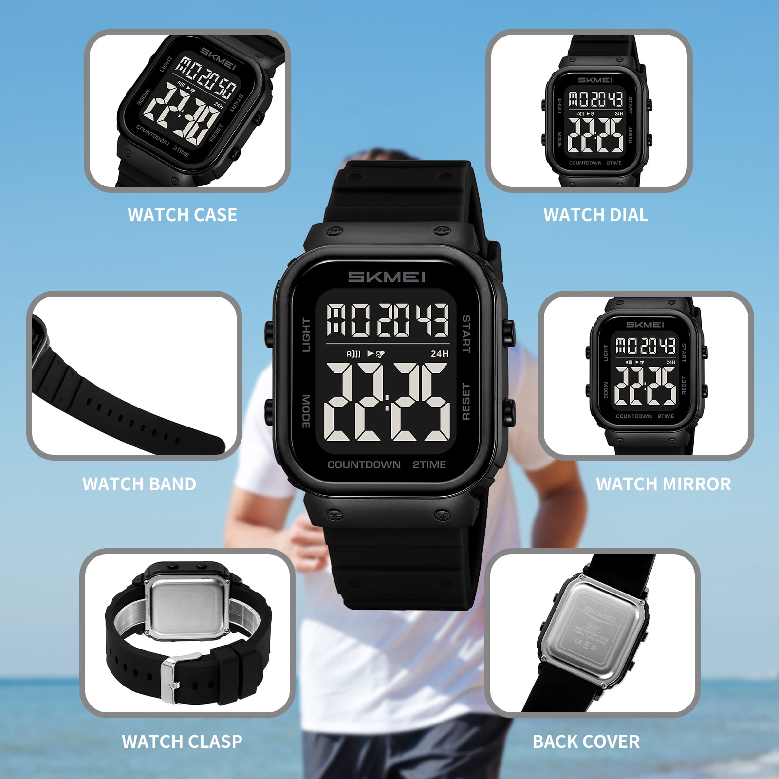 SKMEI Mens Digital Watch Outdoor Sports Waterproof Large Face Wrist Watches with LED Back Ligh/Alarm/Stopwatch