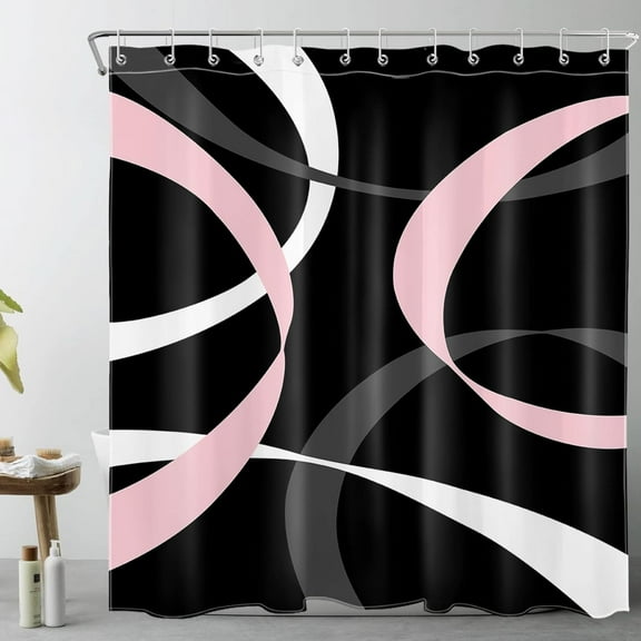 Abstract Pink Shower Curtain for Bathroom, Grey and White Striped on Black Background Shower Curtain with Hooks, Modern Geometric Pattern Aesthetic Bathroom Curtains Set 70"W x 72"L (Pack of 1)