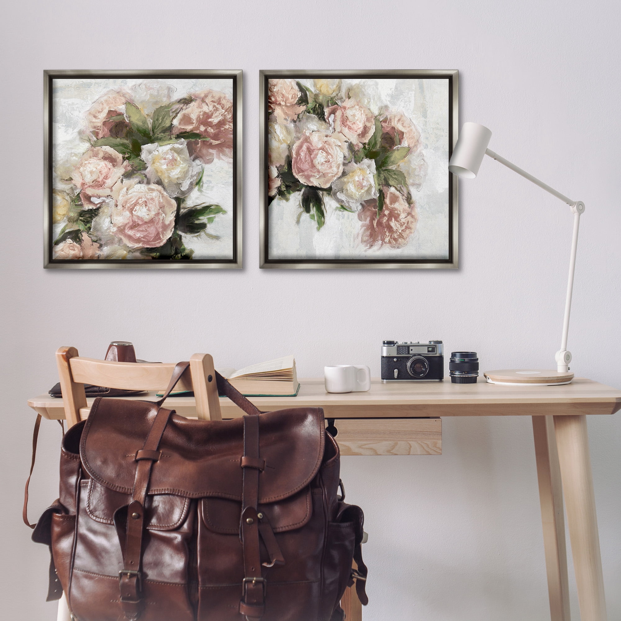 Stupell Industries Traditional Peony Blossoms Arrangement Botanical & Floral Painting Gray Floater Framed Canvas Art Print Wall Art, 25 x 25, Set of 2