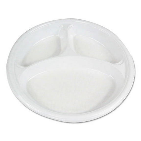 Hi-Impact Plastic Dinnerware, Plate, 3-Compartment, 10" Dia, White, 500/carton | Bundle of 5 Cartons