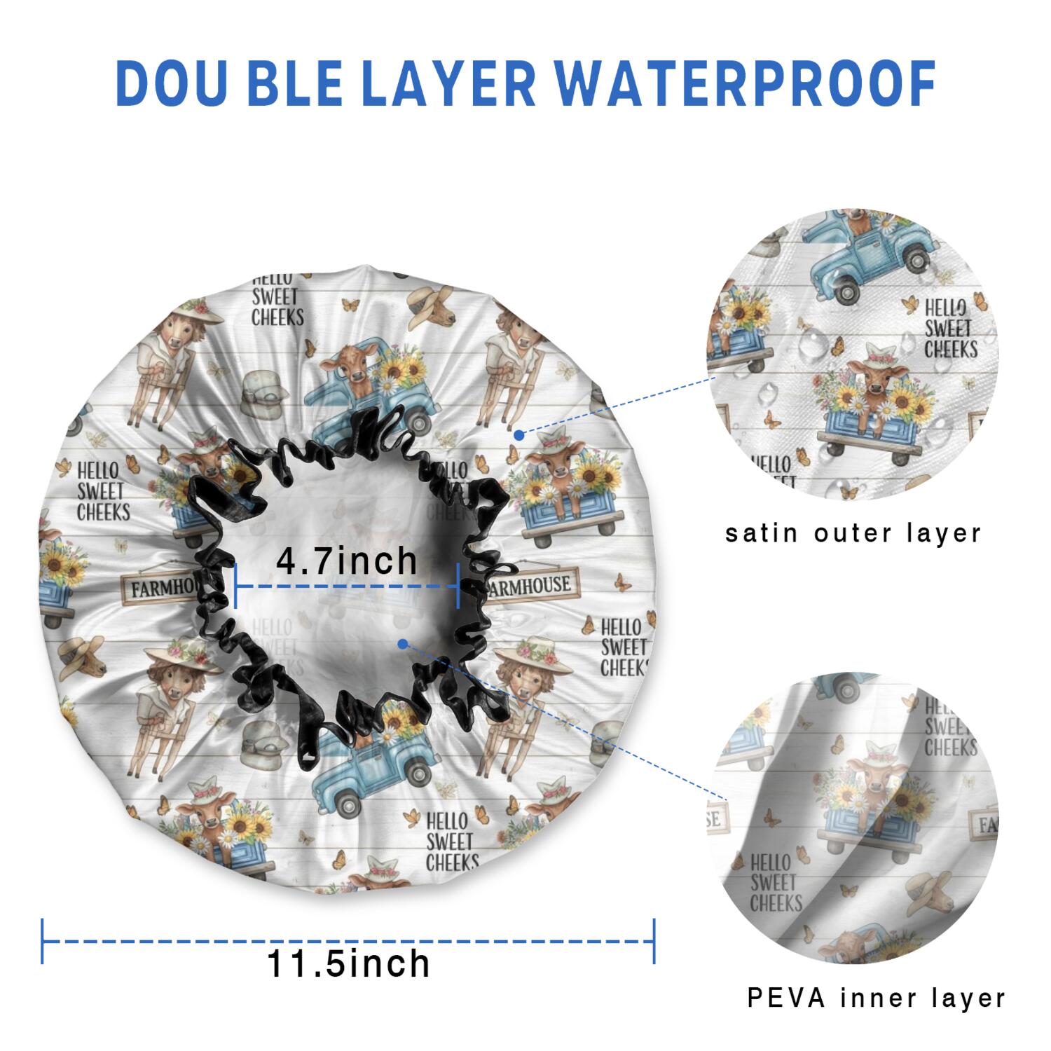 Shower Caps,White Highland Cow Blue Truck Pattern Waterproof Shower Cap for Women 4 Pieces,Double Reusable Hair Cover for Shower PEVA Elastic Stretch Hem