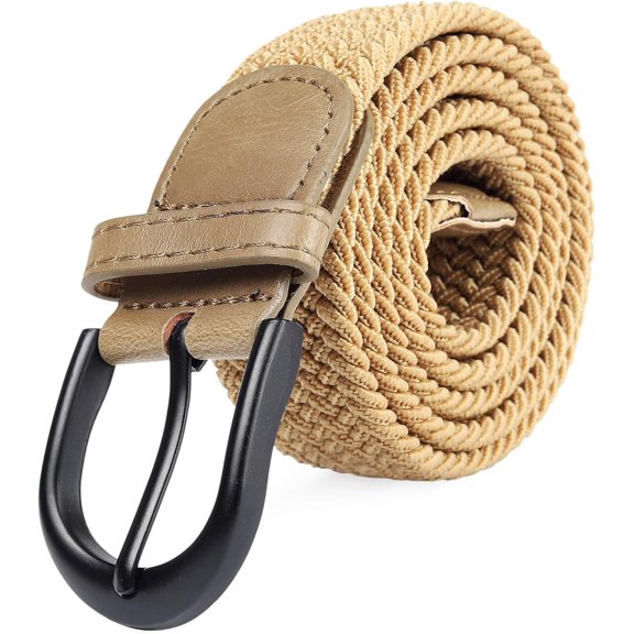 Braided Stretch Elastic Belts | Pin Oval Solid Black Belt Buckle | PU Loop End Tip Men/Women/Junior