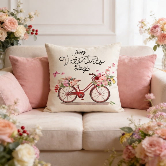 Uutvery Valentine’s Day Linen Pillow Cover, 17.72x17.72 Inch Beige Flax Print Sofa Backrest Cover, Washable Home Living Room Bedroom Decor