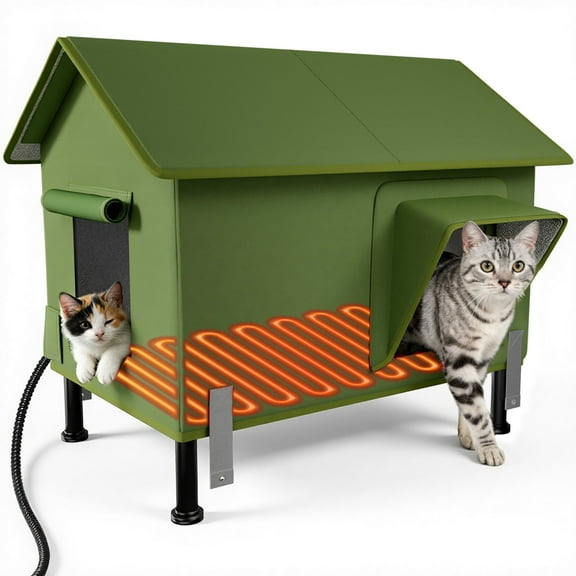 Dakings Premium Heated Cat House – Durable Iron Frame, Waterproof & Windproof, Safe Heated Pad for Stray Cats, Easy to Clean, Green