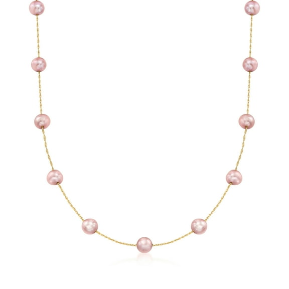 Ross-Simons 6-6.5mm Pink Cultured Pearl Station Necklace in 14kt Yellow Gold, Women's, Adult