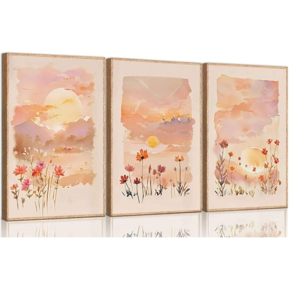 3 Pieces Sunrise Canvas Wall Art Blush Pink Wildflowers Floral and Orange Sunset Watercolor Landscape Paintings Pictures Wall Decor Poster Print Artwork for Living Room Bedroom Home Decoration