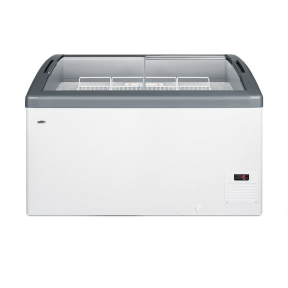 Curved top commercial ice cream freezer with sliding glass lid, digital thermostat, novelty baskets, and 12.4 cu.ft. interior