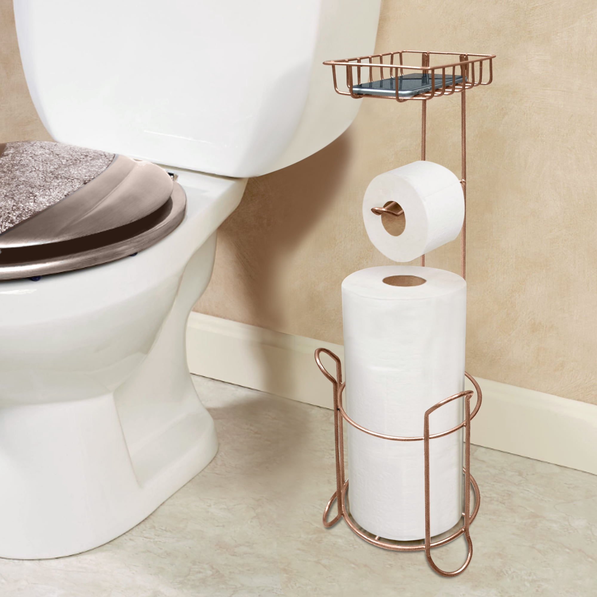 nu steel Freestanding Metal Wire Toilet Paper Holder Stand and Dispenser Shelf for Cell,Mobile Phone-Bathroom Storage Organization-Holds 3 Mega Rolls, Copper
