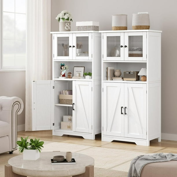 Gabinete de baño independiente, armario de almacenamiento de lino para suelo, armario despensa de cocina con puertas de cristal y estantes ajustables, armario para salón, blanco