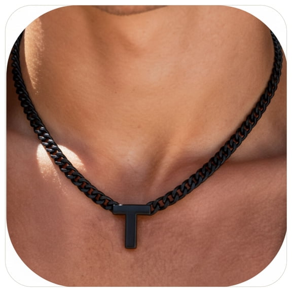 ChainsProMax Men A-Z Letter Necklace 7mm Cuban Link Chain Necklace, Stainless Steel/Gold Plated/Black