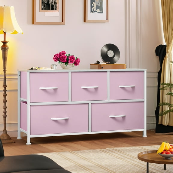 GHooa Ultym 5 Drawers Dresser Chest of Drawers Fabric Storage Organizer Closet Pink