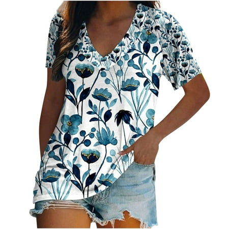 

Womens Tops Clearance under $10 Short Sleeve Bustier Teen Girls Plunging Neckline Ink Painting Floral Sexy Low Cut Blouse Camisole Tees Juniors Y0