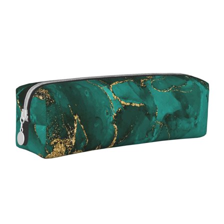 Cauagu Green Gold Glitter Print Leather Pencil Pen Case - Stationery Bag Portable Stationery Bag Big Capacity Pencil Pouch Cosmetic Organizer Bag for Men & Women