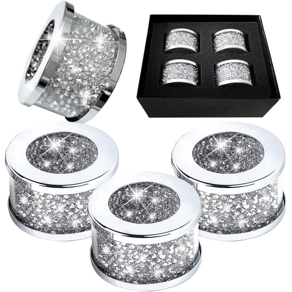 4 Pack Silver Diamond Glass Napkin Holder Ring Stainless Steel Framed Crystal Silver Napkin Rings Set,Glam Serviette Buckles Cloth Holder Bling Crushed Diamond Table Settings Home Decor