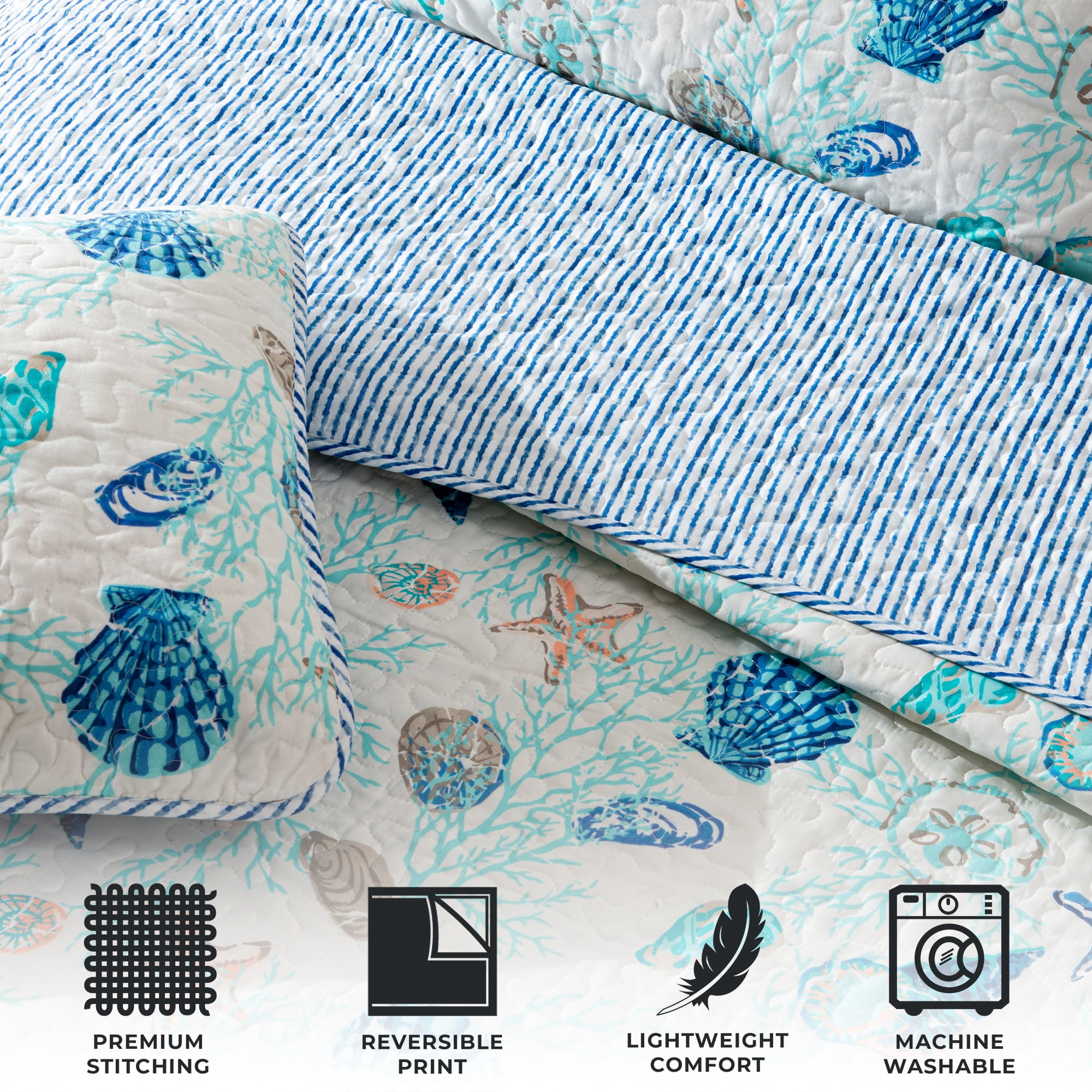 Coastal Quilt Set - Lightweight, Soft, All-Season - 3-Piece Reversible Coral Bedding Set (Full / Queen, Blue Coral)