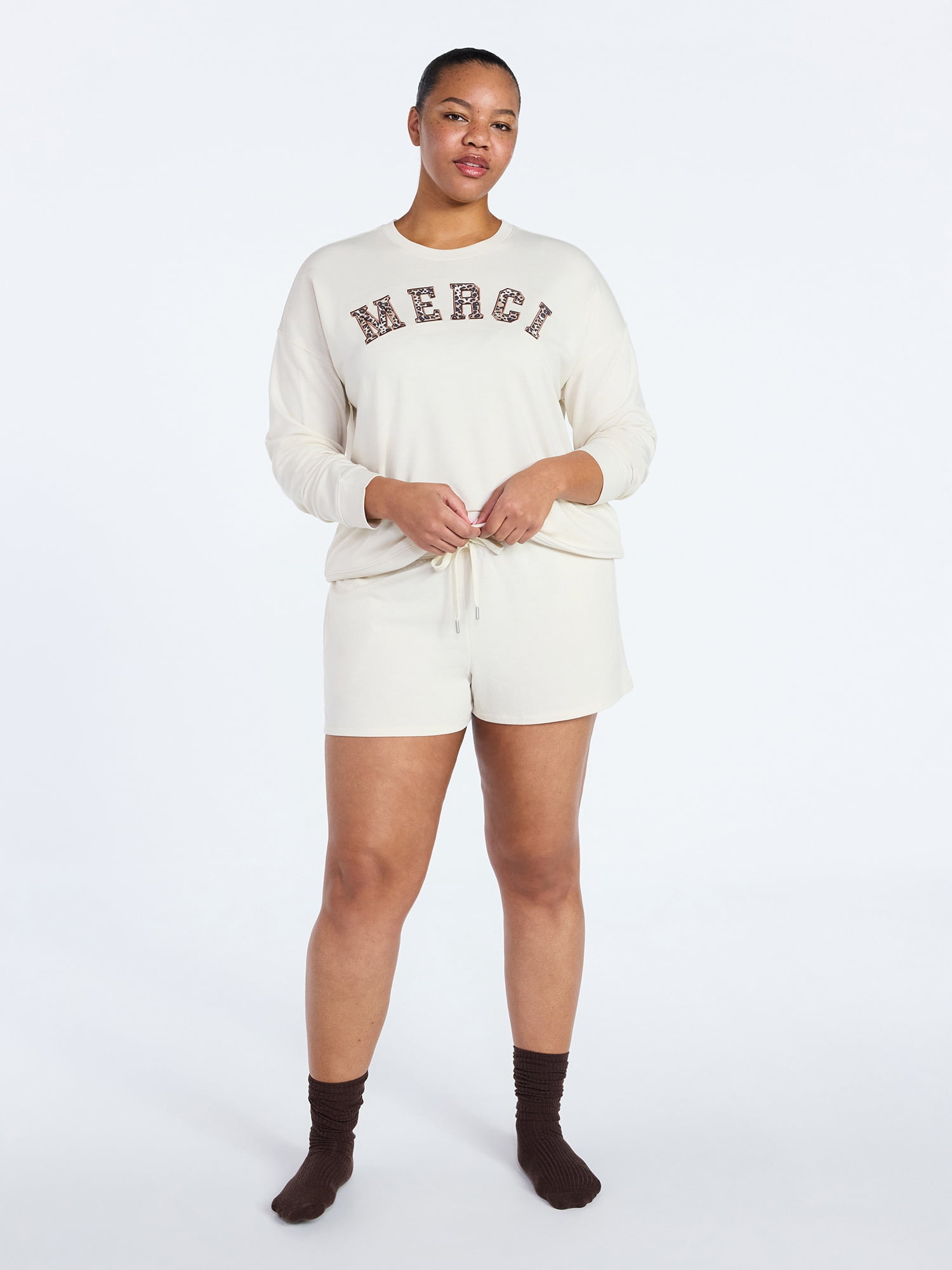 Joyspun Women's French Terry Long Sleeve Top and Shorts Lounge Set, 2-Piece, Sizes XS-3X