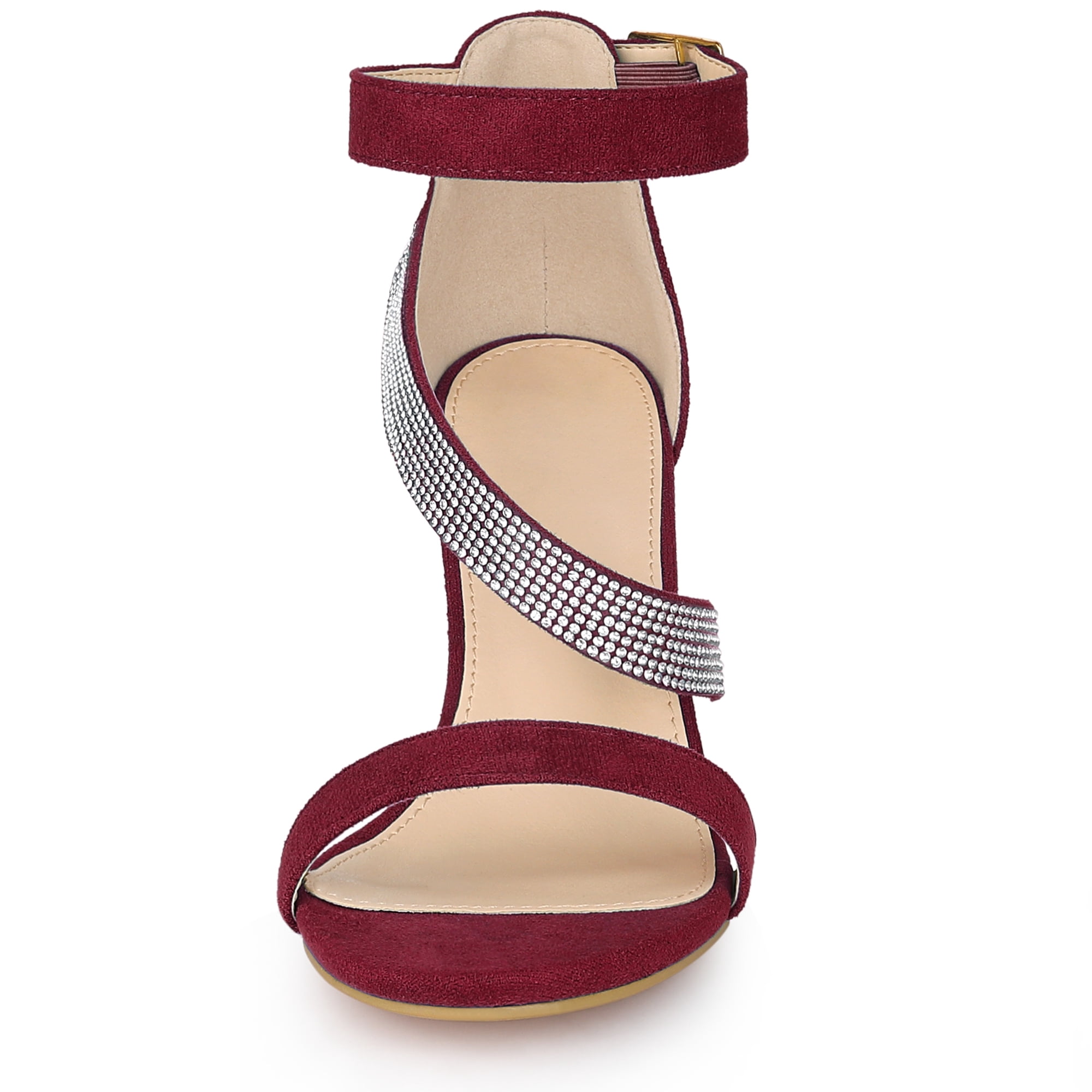 DARING DIVA Women's Rhinestone Block Heels Sandals for Casual and Party Burgundy 6.5