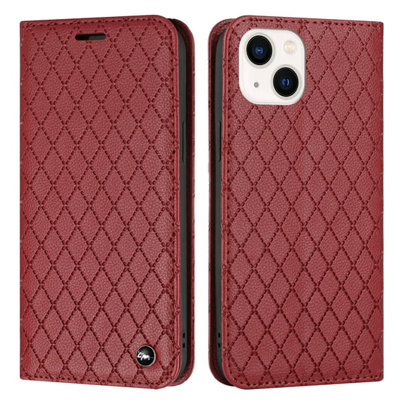 SaniMore for iPhone 14 6.1" Magnetic Flip Wallet Embossing Case, Premium PU Leather Case with 2 Card Slots & Multi-Angle Kickstand Full Body Protective Case for Ladies Men, Red