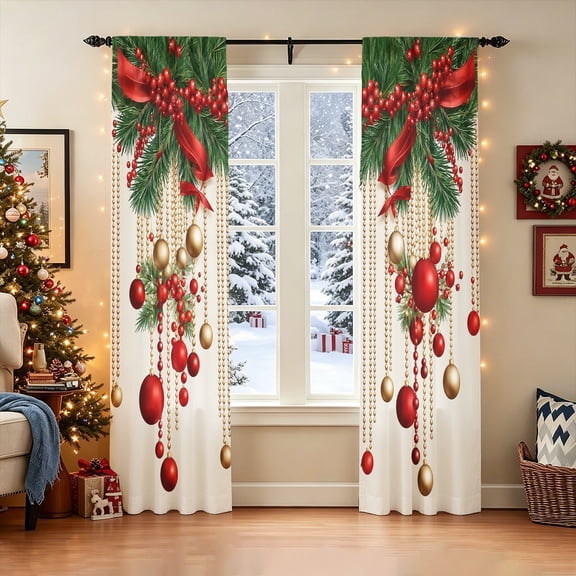 1 Pair Festive Winter Christmas Pine Greenery Window Curtains,2D Printed Holiday Hanging Ornament Drapes for Living Room & Bedroom,Thanksgiving Party Home Decor & Gift