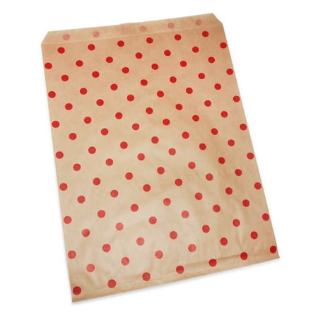 20 Qty 8.5" x 11" Decorative Flat Paper Gift Bags - Red Polka-Dot on Brown Kraft Bags - for Sales/Treats/Parties Cookies/Gifts - N'icePackaging