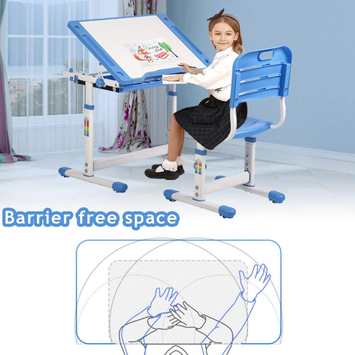 Kids Desk and Chair Set Height Adjustable Ergonomic Children Sturdy Table with Drawer Storage Childs Study School Desk Interactive Workstation Kids Art Writing Desk Furniture for Girls Boys  (Blue)