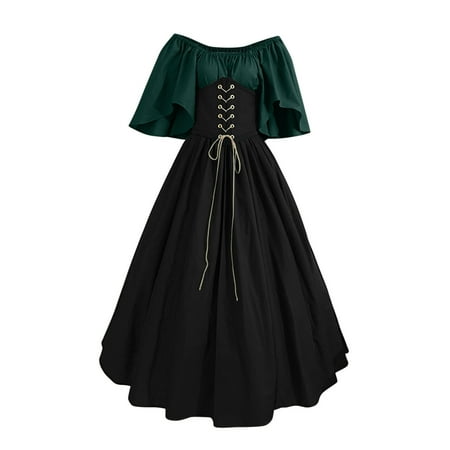 Victorian Dress For Women With Corset  Flare Sleeve  Vintage Long Under Dress C-Black