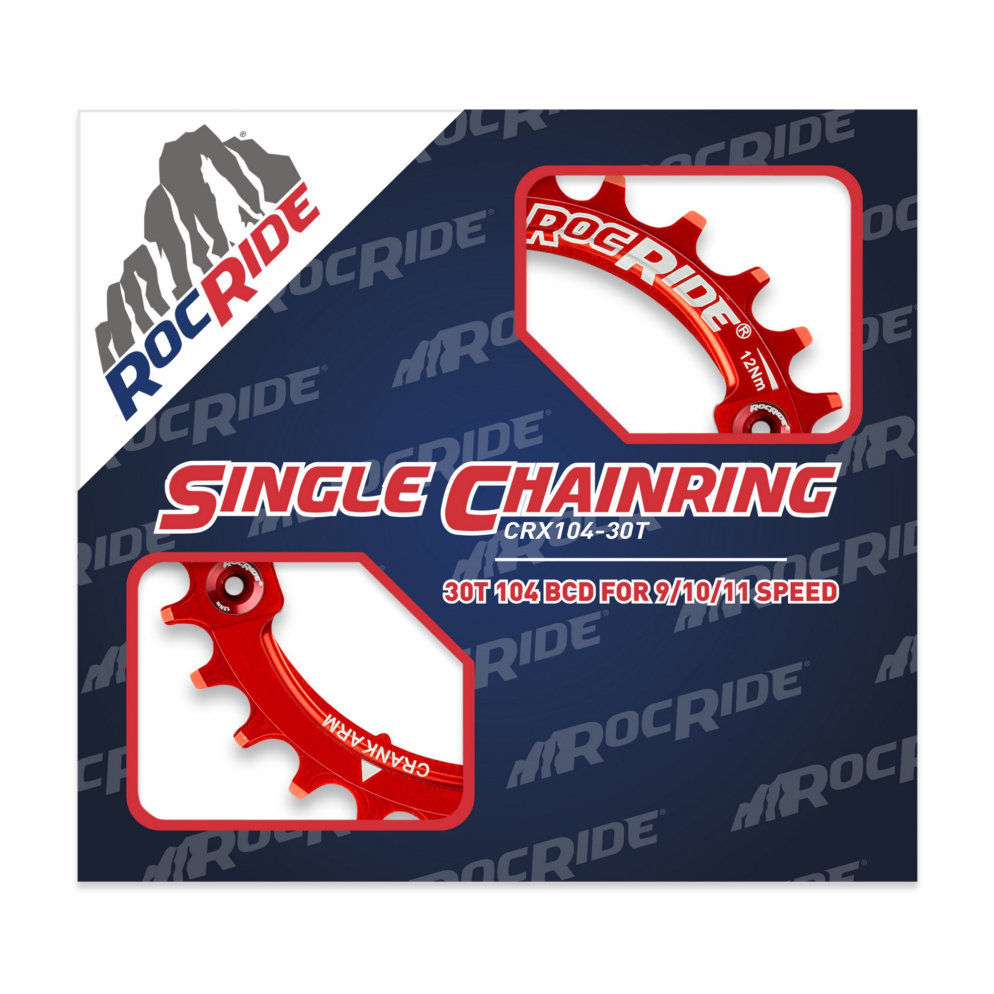 30T Narrow Wide Chainring 104 BCD Red Aluminum With 4 Red Aluminum Bolts By RocRide For 9/10/11 Speed. - image 2 of 5