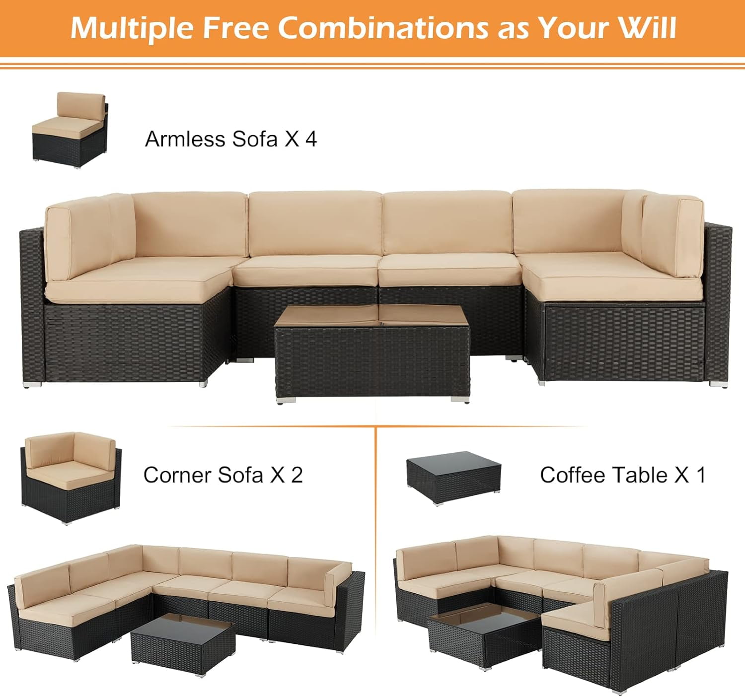 Danrelax 7-Piece Outdoor Sectional Sofa Patio Conversation Set, PE Rattan Wicker Furniture, Steel Frame, Brown w/ Black Rattan
